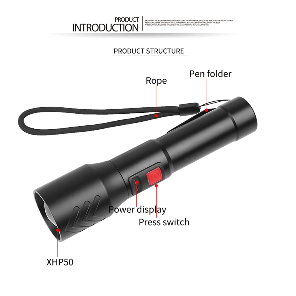 

XHP50 LED Flashlight Zoomable USB Charging 5 Lighting Modes Adjusatble Torch Hunting Lamp Outdoor Camping Equipment