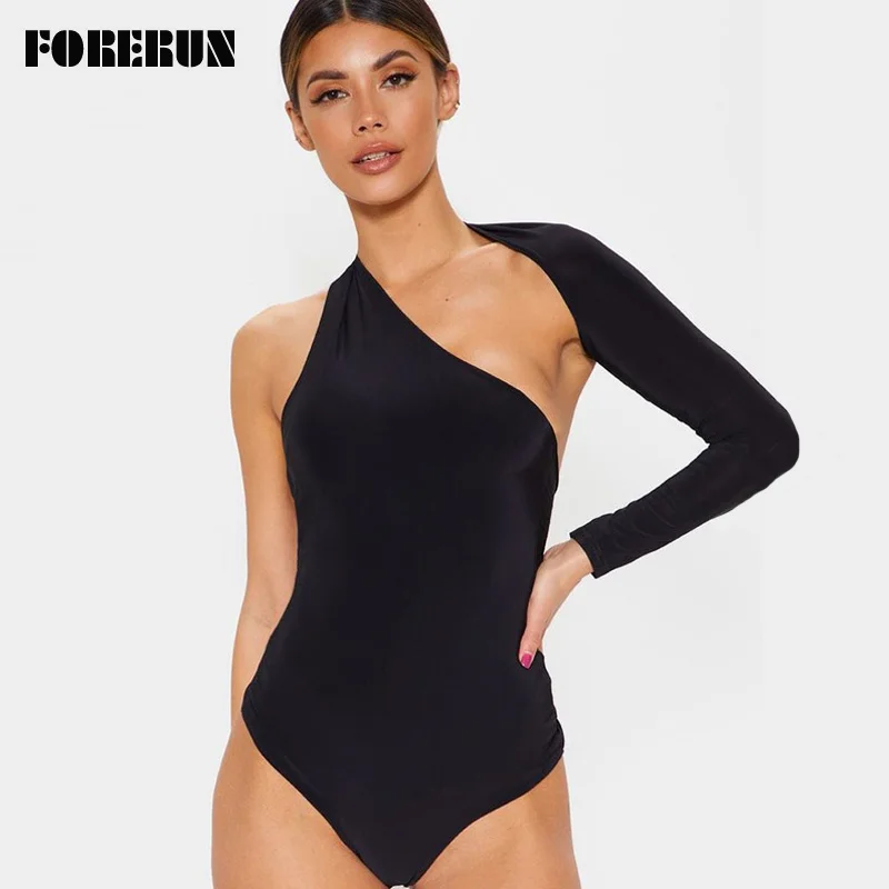 

FORERUN боди на одно плечо, женские сексуальные боди с длинным рукавом, обтягивающие, 5 цветов, зимний комбинезон, однотонные боди, Combinaison Femme