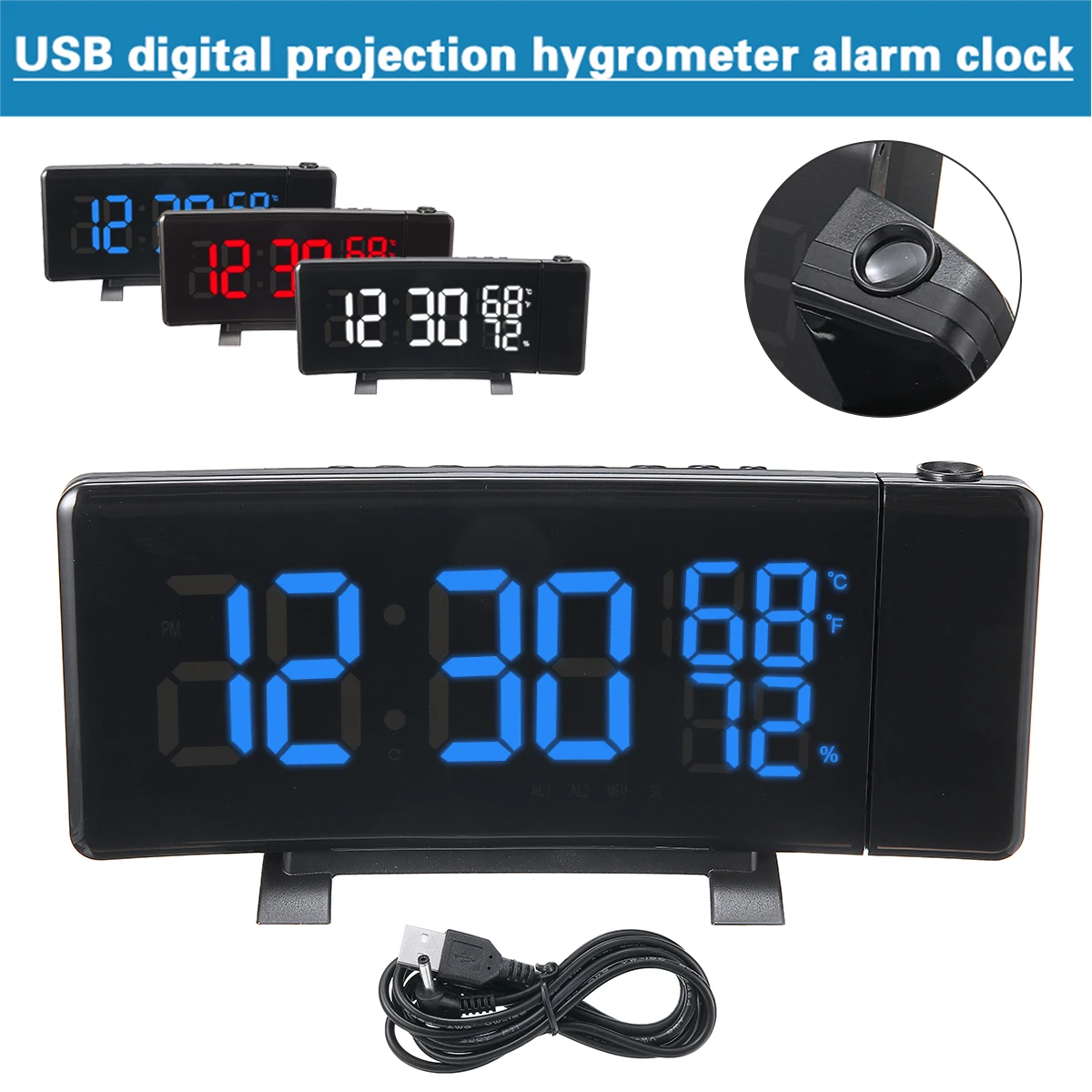 

1Set USB Digital Clock Radio with Projection Radio FM Snooze Alarm Table Clock Colorful LED Backlight Alarm Clock