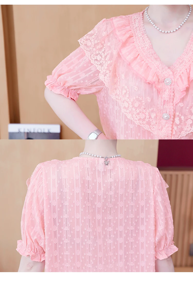 

Lace Women Blouse 2021 Summer New Short sleeve Solid color Ruffled fashion Ladies Tops V Neck Lace Elegante Chiffon shirt 706C