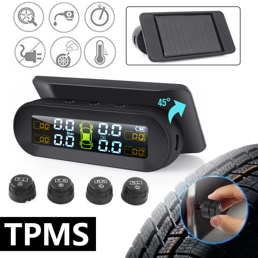 Car TPMS Tire Pressure Alarm Monitor System 4 External Sensors Temperature Warning Fuel Save Display Attached wireless Solar