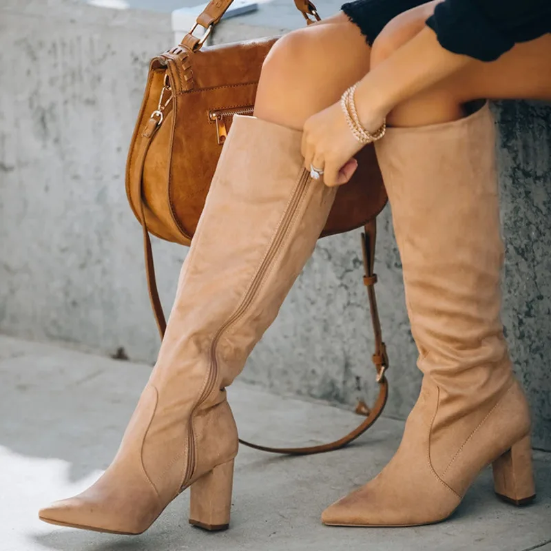 

Women's Round Toe Chunky Heels High Tube Boots Solid Suede Fashion Comfort Warm Fur Female Long Boots Winter Ladies Commuting