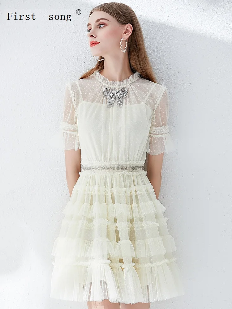 

French tight-fitting bowknot mesh cake women's summer dress 2020 women's summer dress pleated dress women's Bing dress XL