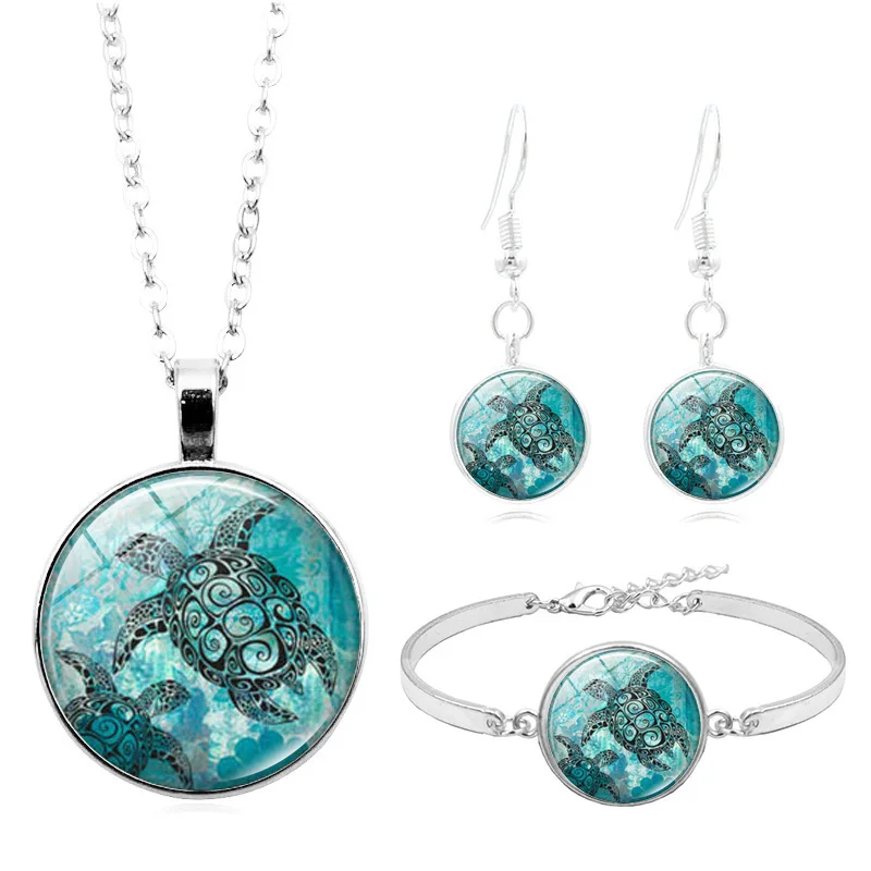 Blue Sea Turtle Cabochon Glass Jewelry Set Fashion crystal Necklace Bracelet Earring Sets for Women Gifts | Украшения и