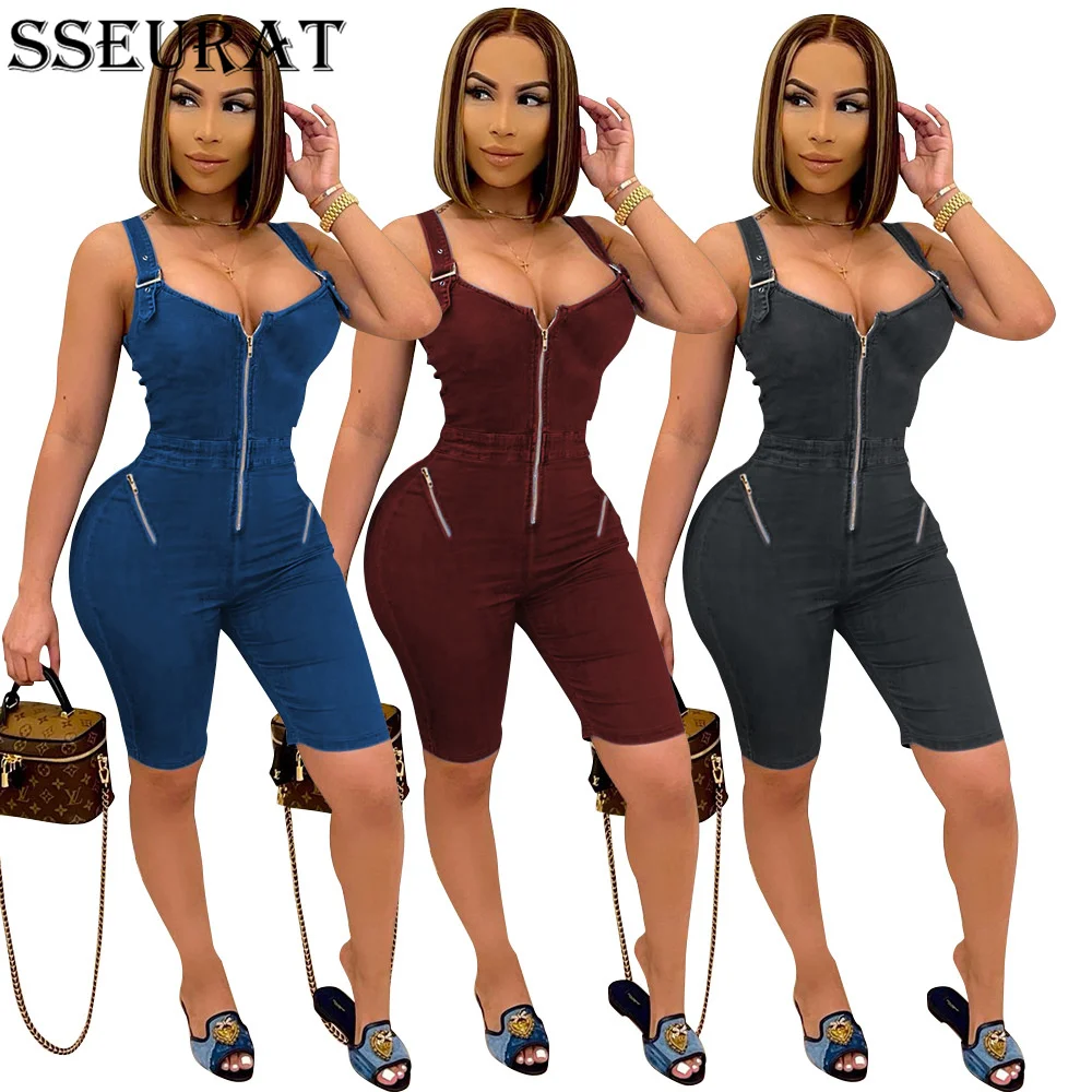

SSEURAT Women Denim Playsuit Solid Sleeveless Strap Zipper Strechy Bodycon Playsuits Fashion Rompers One Piece Overalls Summer