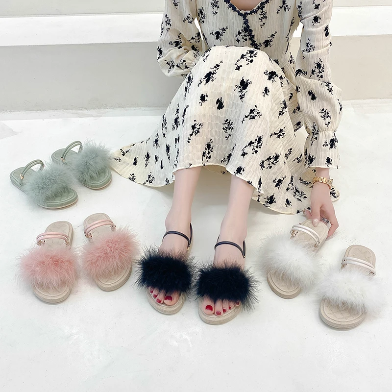 

New style fluffy flat women sandals soft bottom non-slip pink black fashion women's slippers shoes for women slippers women