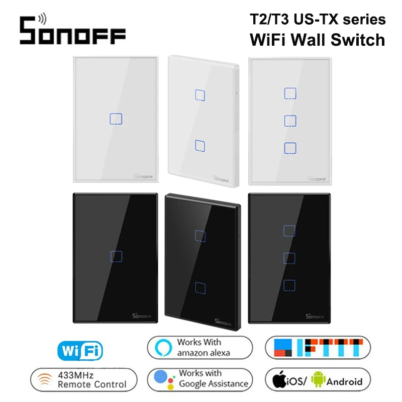 

SONOFF T2/T3 US TX Black 1/2/3Gang RF 433Mhz Remote Control Wireless Wifi Touch Wall Light Switch Smart Switch Google Home Alexa