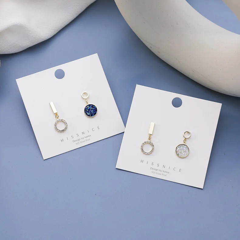 

Stud Small Blue Or White Laser Color Drop Round Earrings Female Asymmetric Exquisite Bijoux Femme Pendientes Mujer Moda