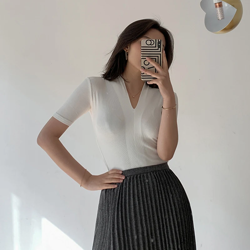 

ECRURANI Casual Solid T Shirt For Women V Neck Short Sleeve Slim Minimalist T Shirts Female New Clothing 2021 Summer Fashion