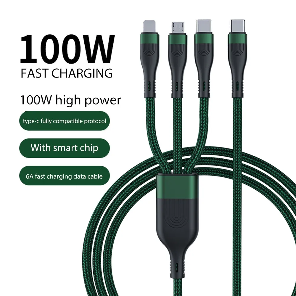 

3 In 1 100W Type-C Charger Cable Fasting Charging Data Transmission USB-C Micro Cable for iPhone for Xiaomi Dark Green