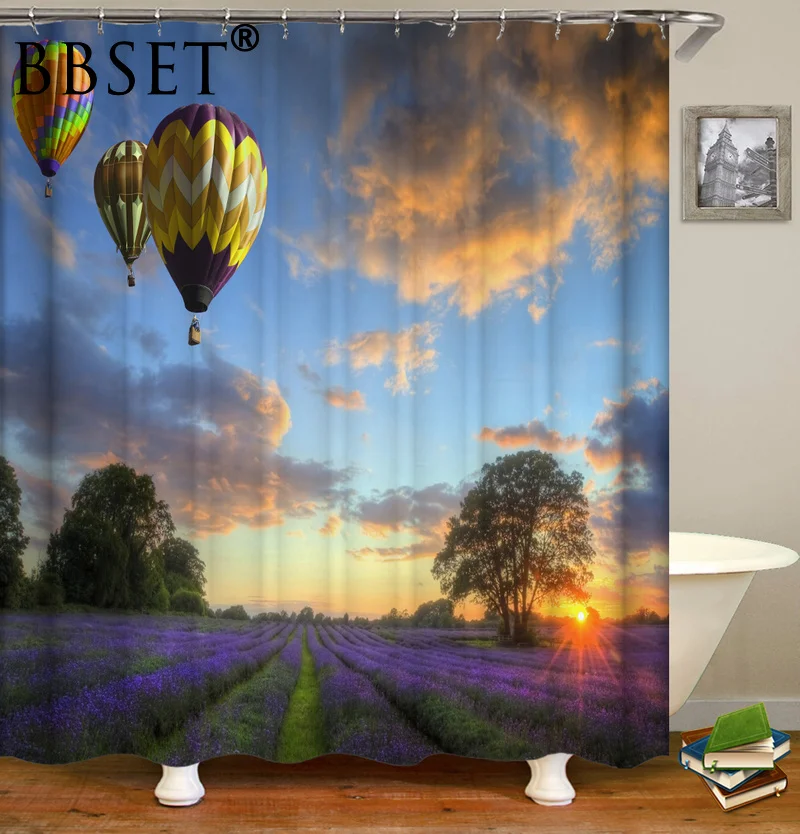 

Scenic Shower Curtain Lavender Field and Hot Air Balloon In Sunset Pattern Waterproof Multi-size Douchegordijn Bathroom Decor