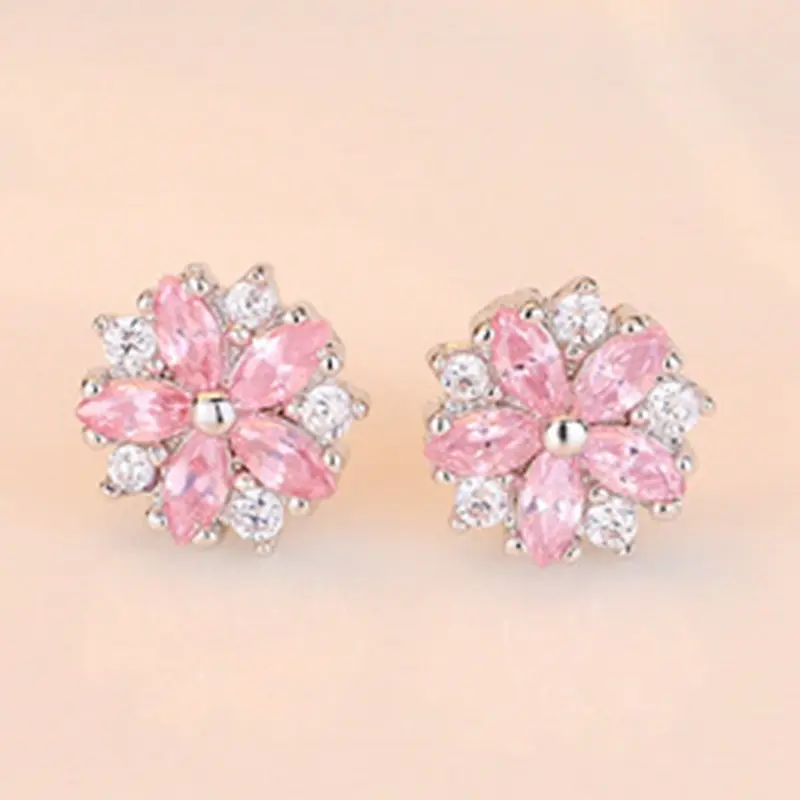 

Sweet Silver Color Daisy Cherry Blossom Stud Earrings Mixed Clear Pink Crystal Flower Earrings Women Engagement Jewelry