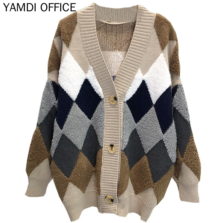 

YAMDI Autumn Winter Sweater Women 2019 Cardigan Patchwork Fashion Vintage Plaid V Neck Loose Single Breasted Woman Designer