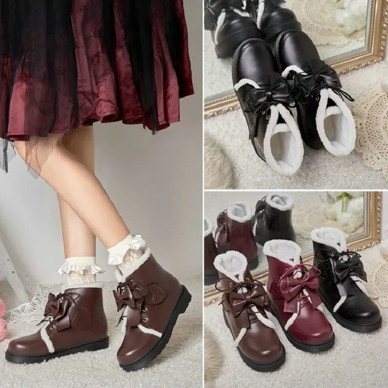 

Sianie Tianie Japanese Style Faux Fur Plush Lined Winter Warm Girls Shoes Ladies Sweet Cute Lolita JK Flats Snow Riding Boots