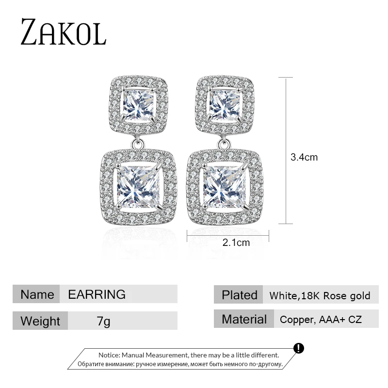 ZAKOL модные высококачественные квадратные висячие серьги с фианитами для женщин