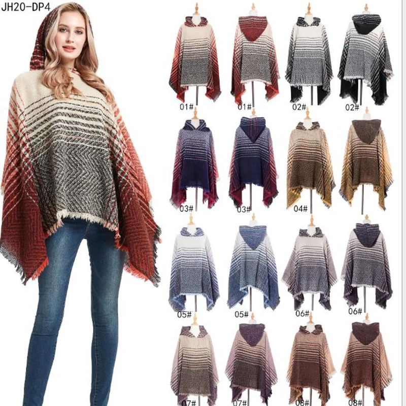 Плащ женский в полоску с капюшоном вязаный пончо рукавами летучая мышь