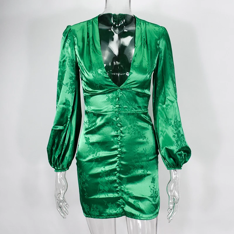 NewAsia садовое зеленое сексуальное платье для женщин длинный рукав фонарь Глубокий