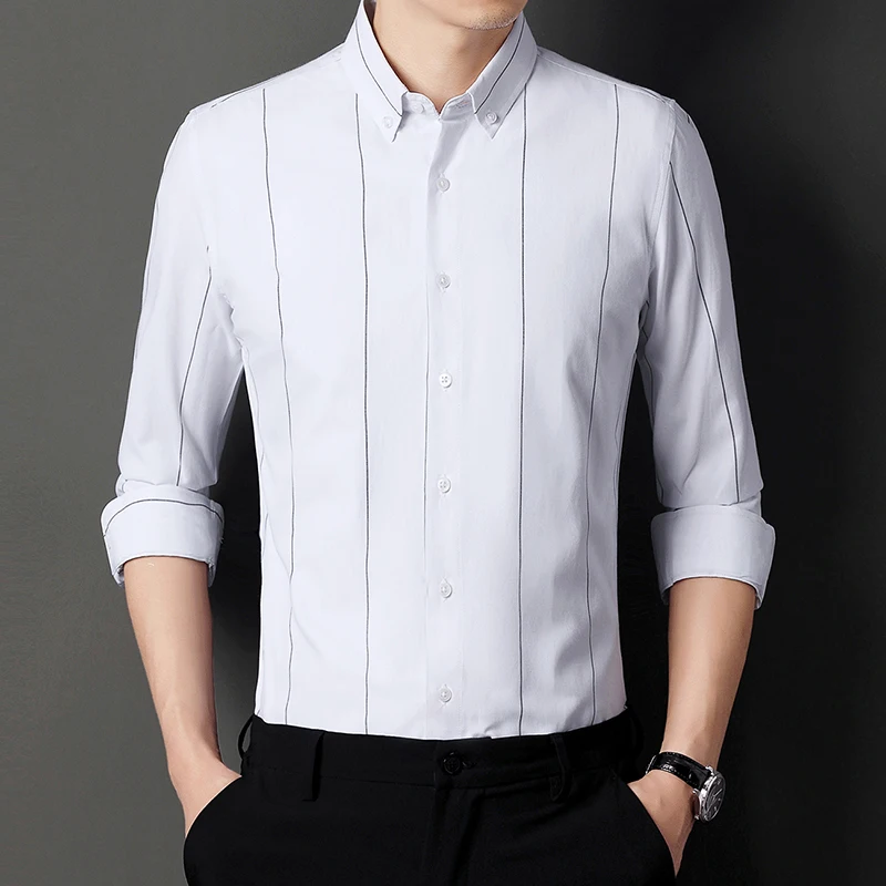 

Мужская классическая рубашка в полоску, белая однотонная Базовая формальная деловая рубашка с длинными рукавами, одним накладным карманом,...