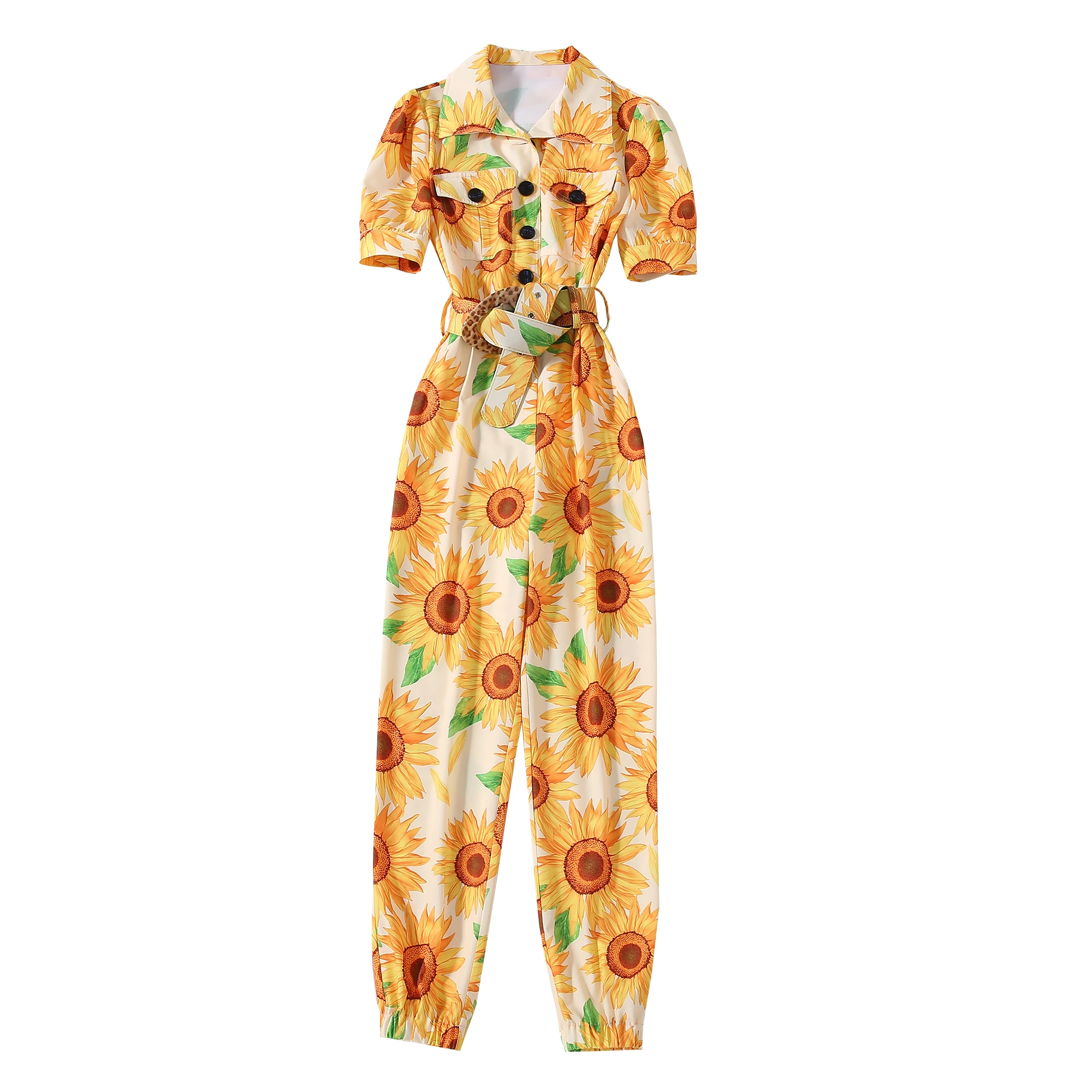 

JCHB 2021 summer new fashion Lapel cardigan single breasted slim sunflower print piece pants