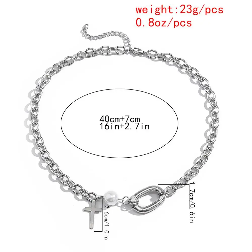

High Quality Vintage Stainless Steel Chain Necklace Hip Hop Geometric Cross Pearl Clavicle Choker Women Jewelry Gift Accessories