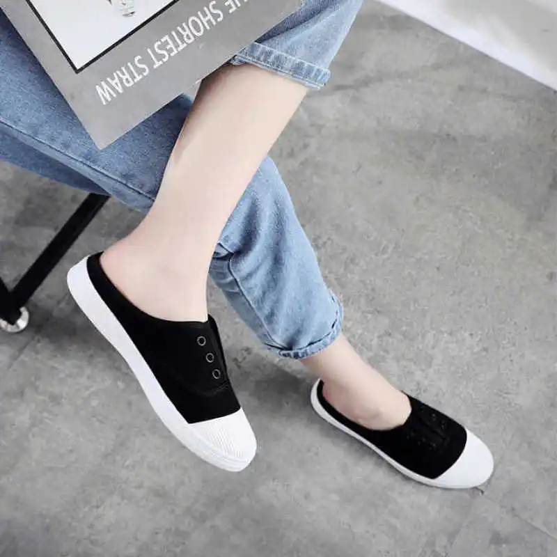 Половина-перетащите парусиновая обувь женские белые туфли без каблука одежда