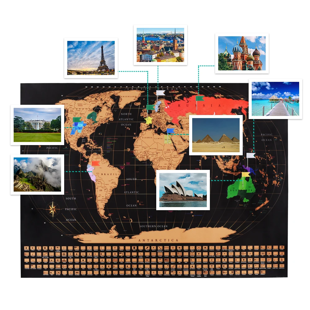 Large Size Scratch Off World Travel Map Wall Sticker Poster Vibrant Colors Detailed Journal Planner Gift Package for Travelers