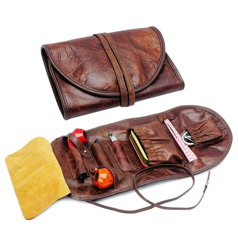 

Portable Horn Leather Pipe Bag Cigar Cigarette Case Smoke Accessories Storage for Lighter Pressure Rod Men's Outdoor Leather Bag