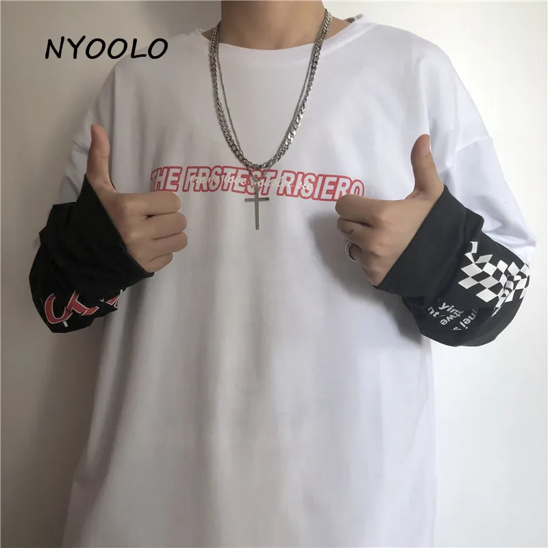 NYOOLO Harajuku винтажный с буквенным принтом фальшивый из двух частей клетчатый лоскутный Топ Осенняя уличная одежда с длинным рукавом Футболка женская мужская одежда