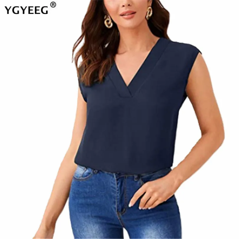 

YGYEEG Женская Повседневная летняя рубашка с V-образным вырезом Женская однотонная блузка без рукавов офисная шифоновая новая белая черная кр...