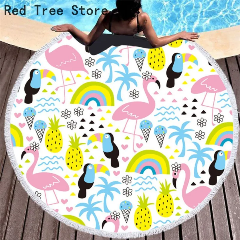 

Microfiber Round Beach Towel Cartoon Flamingo Plants Bath Towel with Tassel Bohemian Picnic Yoga Mat Swimming Travel Cover 150CM