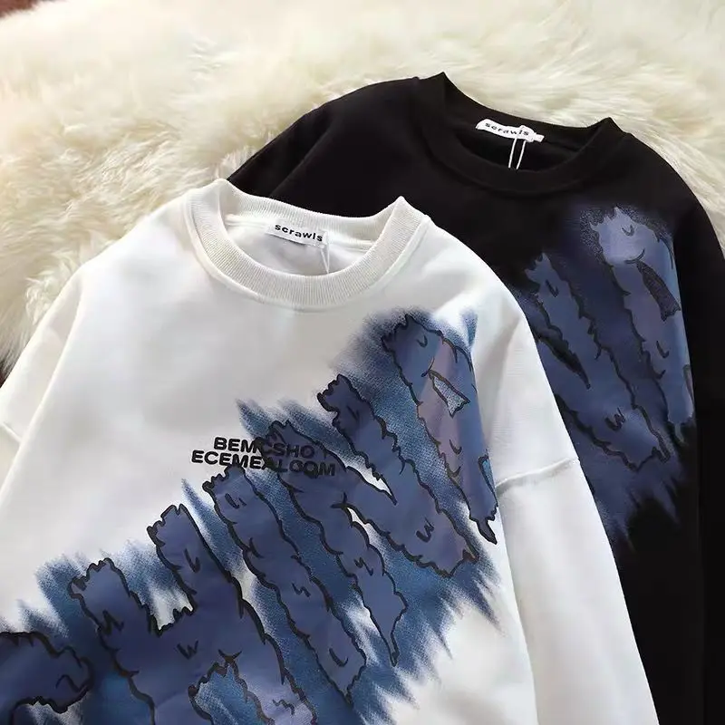 

Женский свободный свитер с круглым вырезом, Свободный пуловер в гонконгском стиле с принтом граффити, в национальном стиле, Осень-зима