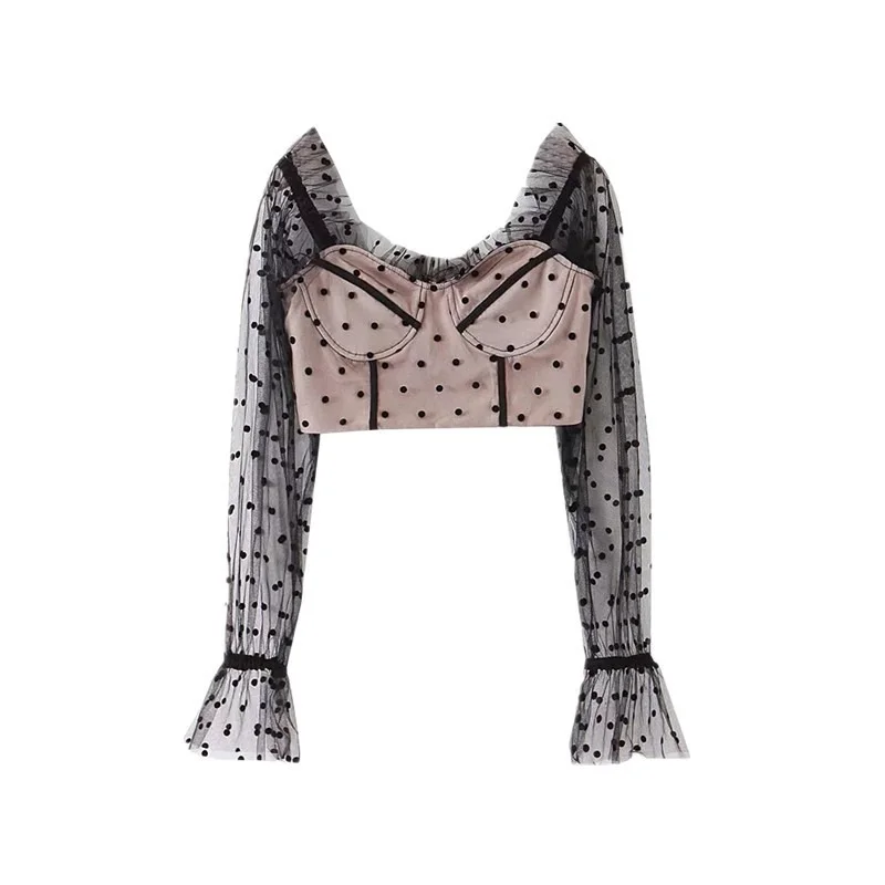 

New Women's 2021 New Summer Polka-dot Sexy Net Yarn Perspective Y2k Top Stitching Trumpet Sleeves Exposed Navel T-shirt Women