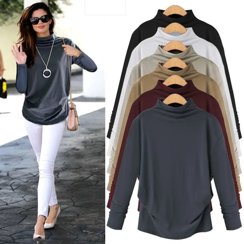 Футболка с длинным рукавом для женщин 2019 корейская версия высоким воротником