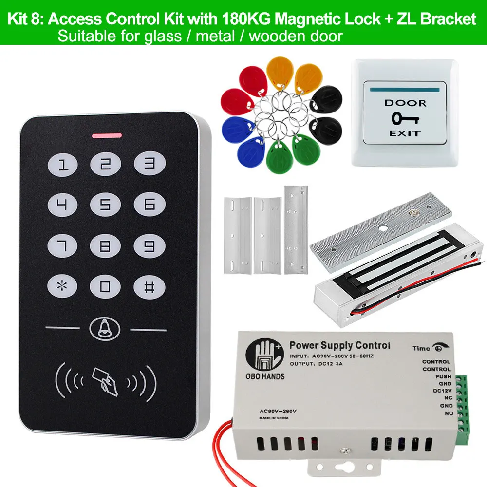 Kit8 Система контроля допуска к двери комплект RFID Клавиатура контроля доступа+ блок питания+ Электрический магнитный замок болт ударные замки+ 10 шт. ключи - Цвет: Kit8