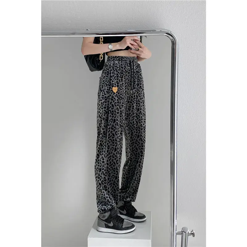

European and American style fried Street leopard sports pants women's summer new ins loose Leggings high waist SLIM STRAIGHT