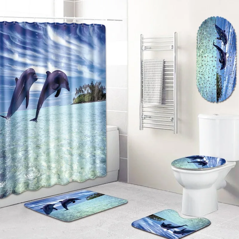 

Dolphin Jumping Shower Curtain Bathroom Mat Combination Five-Piece Set Bathroom Carpet Shower Room Mat Mat