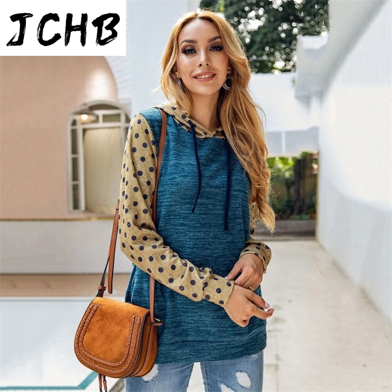 

Stitching Dots Pocket Hoodies Women Drawstring Hooded Slim Sweatshirts 2021 New Autumn Winter Long Sleeve Vintage Casual Tops
