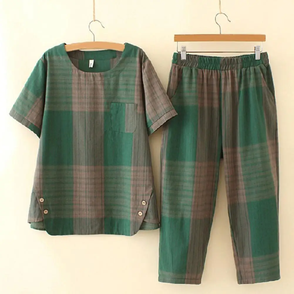 

Women's Pant Suits 2 Piece Version of The Summer Pullover Large Size Plaid Two-piece Loose Top Printing Short Sleeve Pants Sets