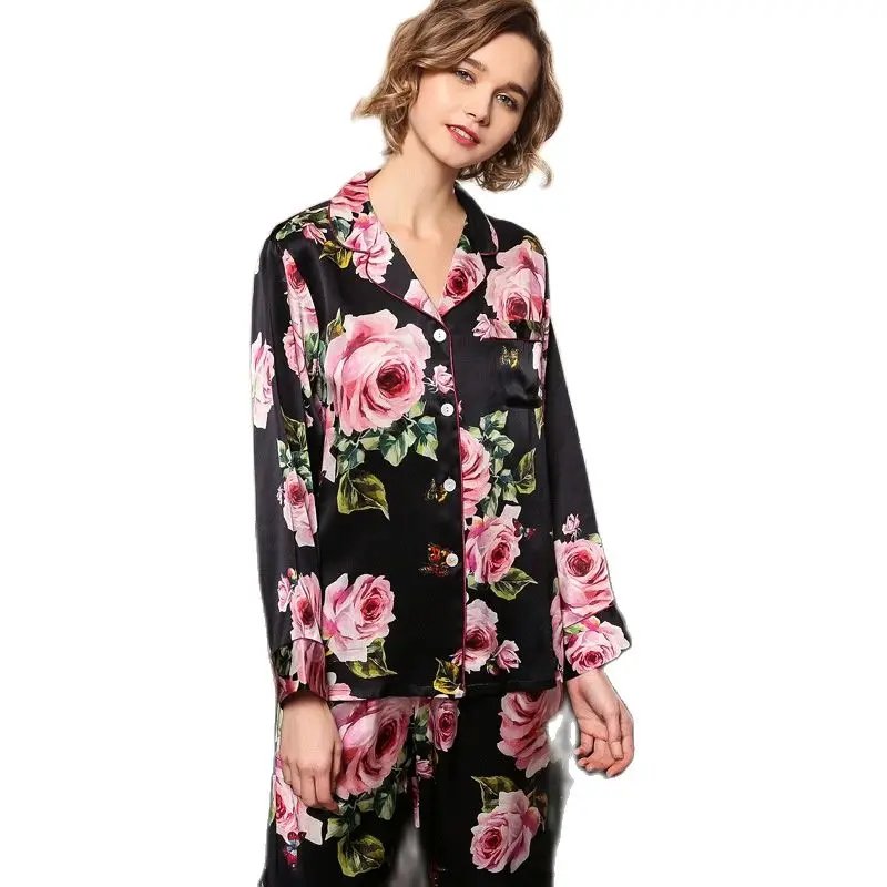 Real Silk Pajama Female Spring Autumn Silkworm Silk Long-Sleeve Two-Piece Romantic Rose SILK Woman's Sleepwear Summer T8189