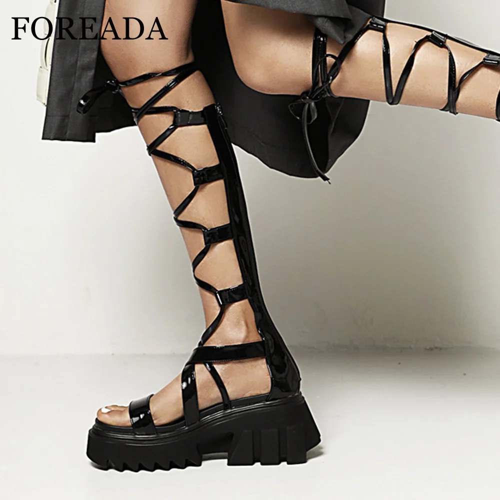 

FOREADA Women Sandals Knee High Gladiator Shoes Platform Round Toe Block High Heels Sandals Narrow Band Lady Footwear Summer 43