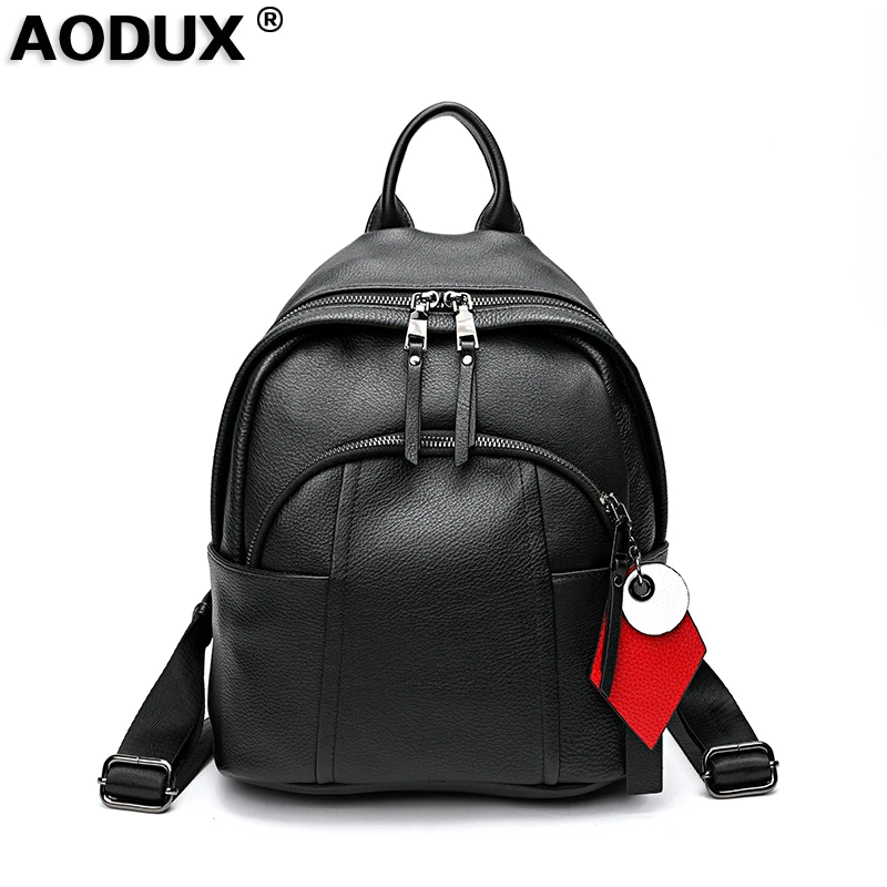 

AODUX 100% Genuine Cow Leather Black Hardware Women Backpack Lady Girl Real Top Layer Cowhide Calfskin Book Bag Style Knapsack