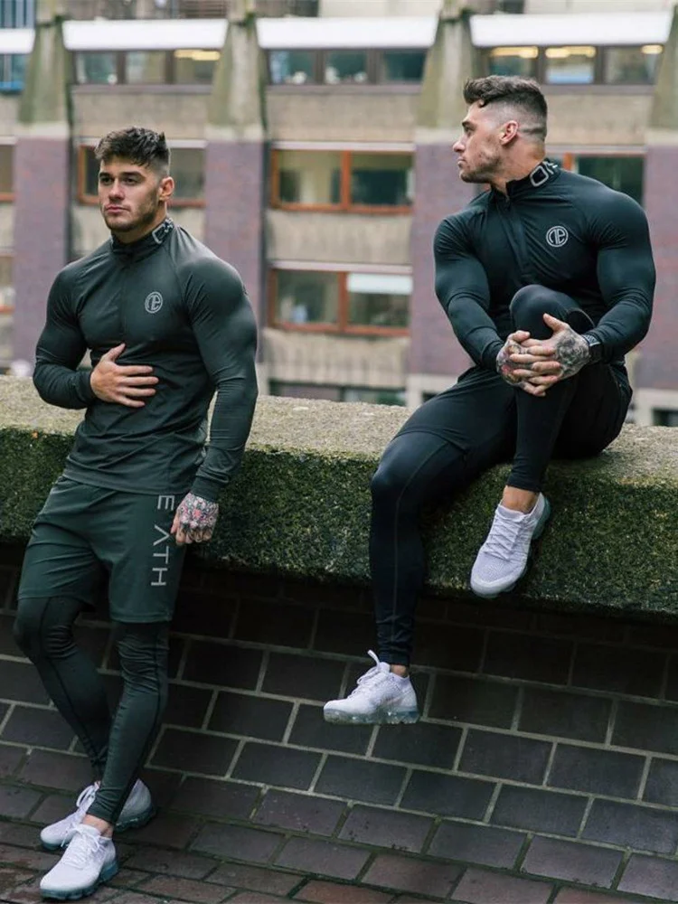 

New Men Fitness Three-Piece Bodybuilding Cycling Stretch Tracksuits Tight Long Sleeve Sportswears+Men's 2 in 1 Leggings pants