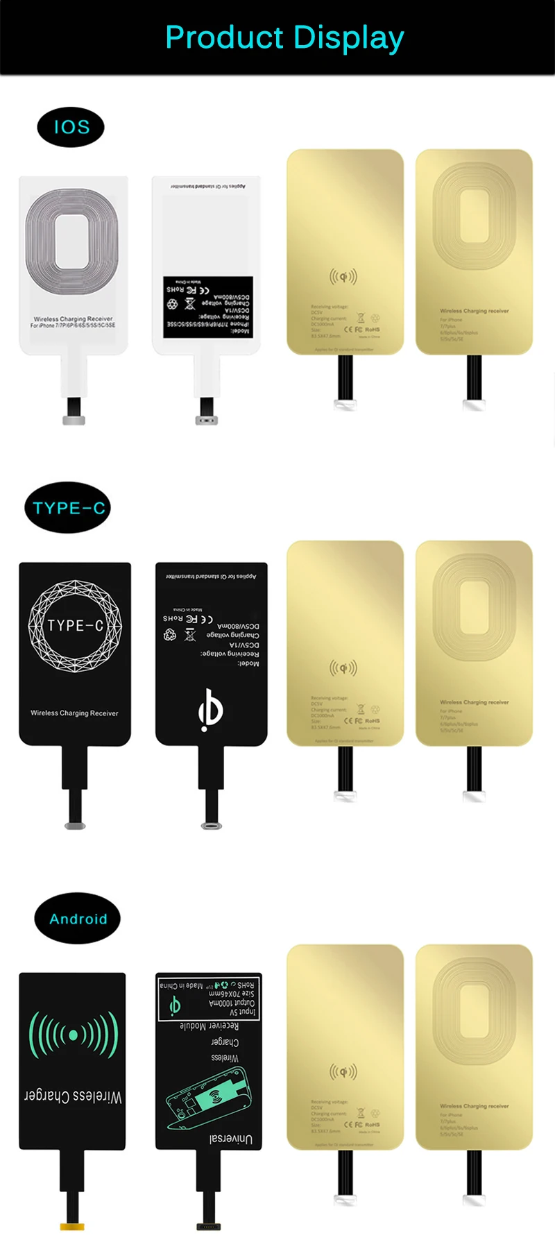 Qi беспроводной зарядный приемник для iPhone 7 6s Plus 5s Micro usb type C универсальное Быстрое беспроводное зарядное устройство для samsung huawei Xiaomi