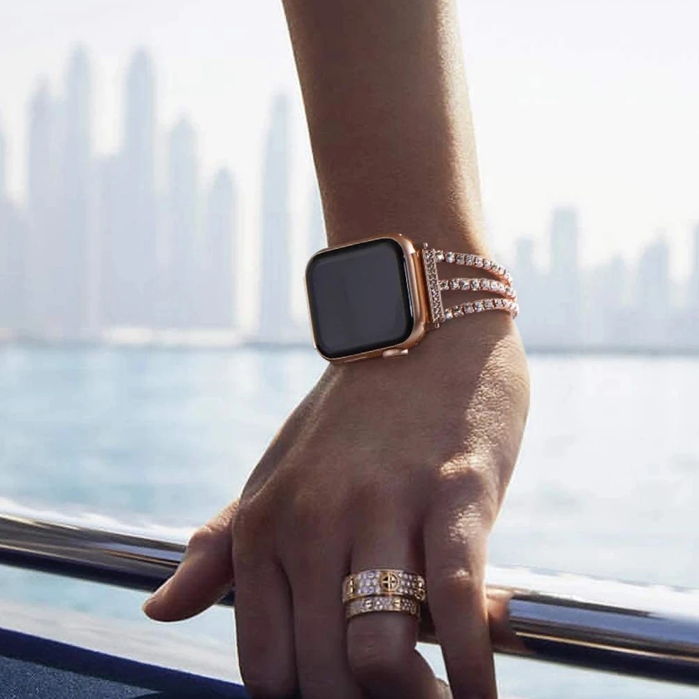 Woman Watchband for Apple Watch Bands 38mm 42mm Bracelet Replacement iWatch Series SE 6 5 4 40mm 44mm Strap Bling Rose-Gold