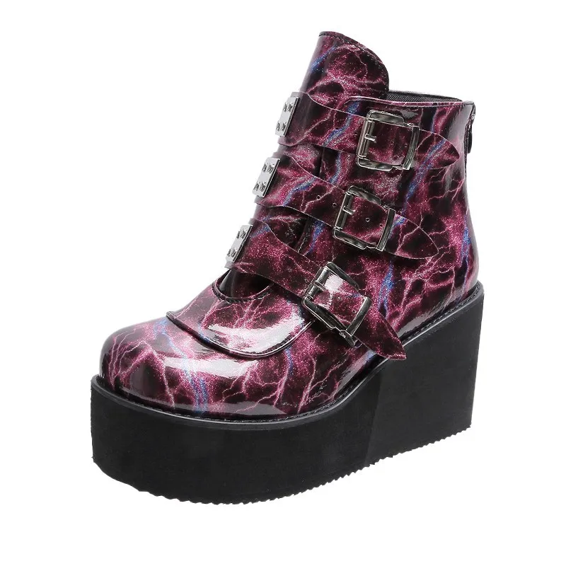 

2021 Winter Metal Buckle Ankel Boots Women Punk Female Platform Boots Wedges High Heels PU Women