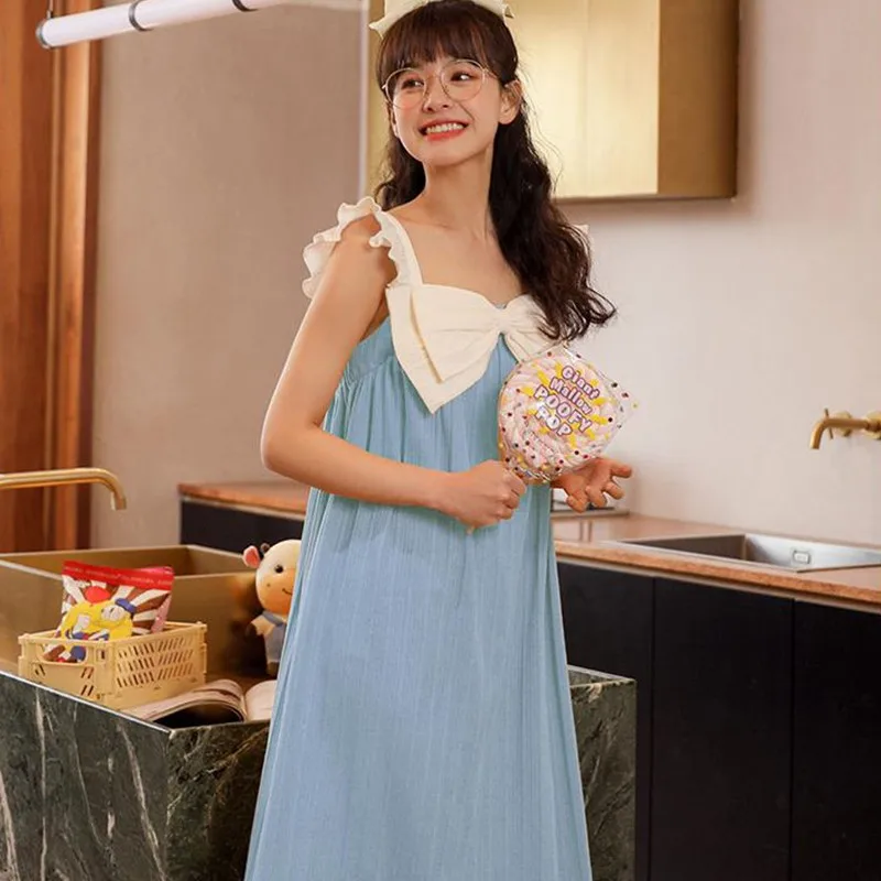 

Patchwprk Princess Night Dress Women Sleepwear Pijama Cotton Sleeveless Kawaii Ladies Nightgown With Bow Korean Summer