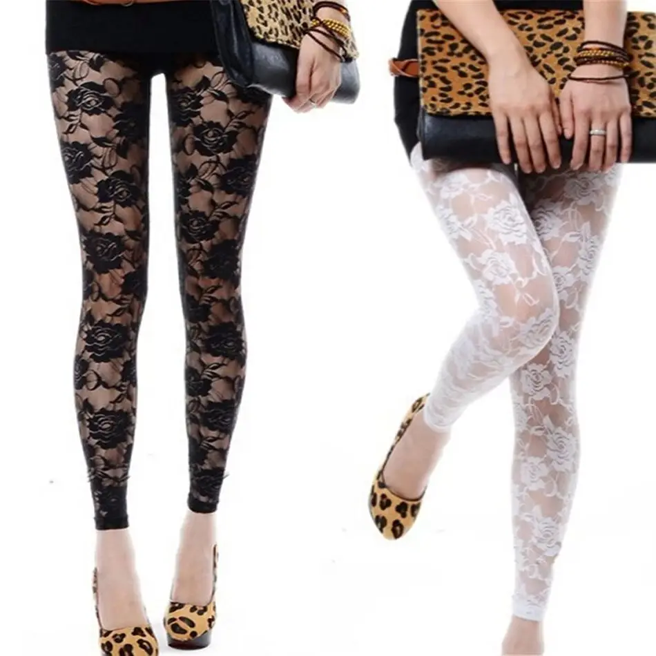 

Elegant New Sexy Women Lady Rose Lace See-Through Footless Tights - Black or White