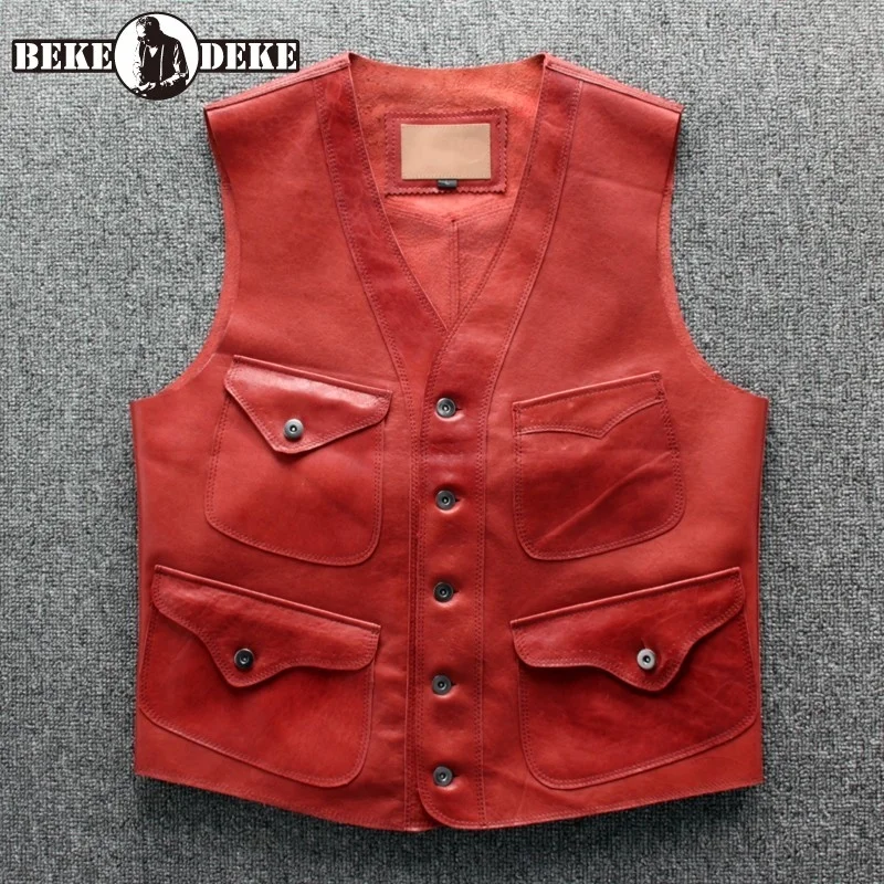 

Жилет мужской из натуральной кожи, винтажная байкерская куртка без рукавов, с карманами, в ковбойском стиле, из овчины