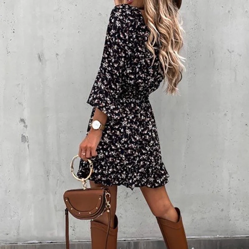 

Vintage Square Collar Ruffle Ladies Dresses Autumn Long Puff Sleeve Elastic Waist Mini Dresses Women Casual Loose Dress Vestidos