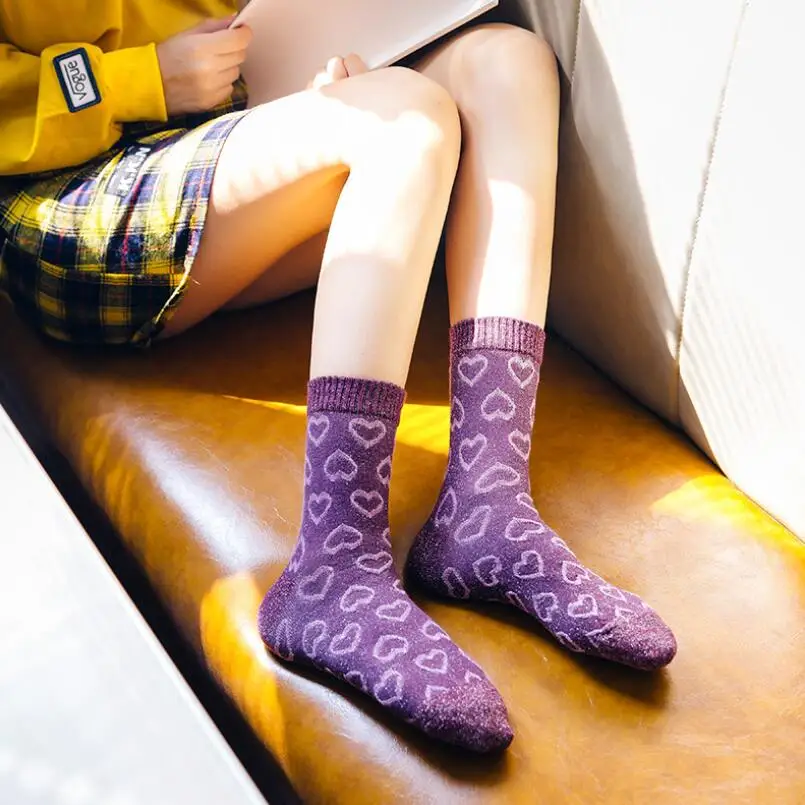 Heart Embroidered Girls Lurex Socks Students Soild Cotton Shining Crew Sock Woman Summer Winter Glitter Embroidery Ankle Socks
